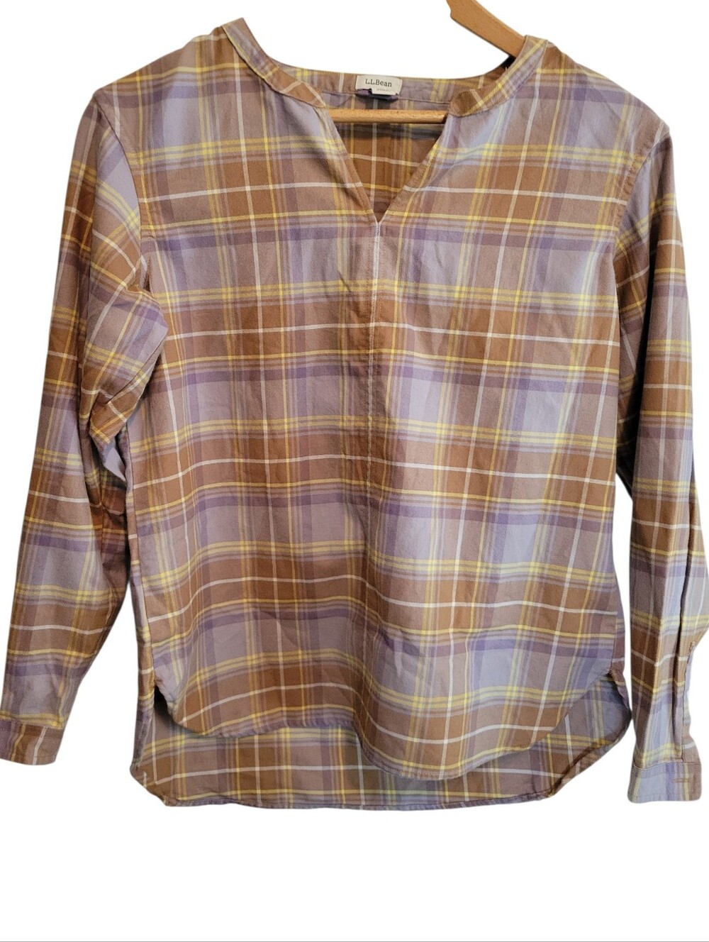 L.L. Bean Whisperweight Flannel Popover Shirt Tan Purple Pastel Plaid Size XS